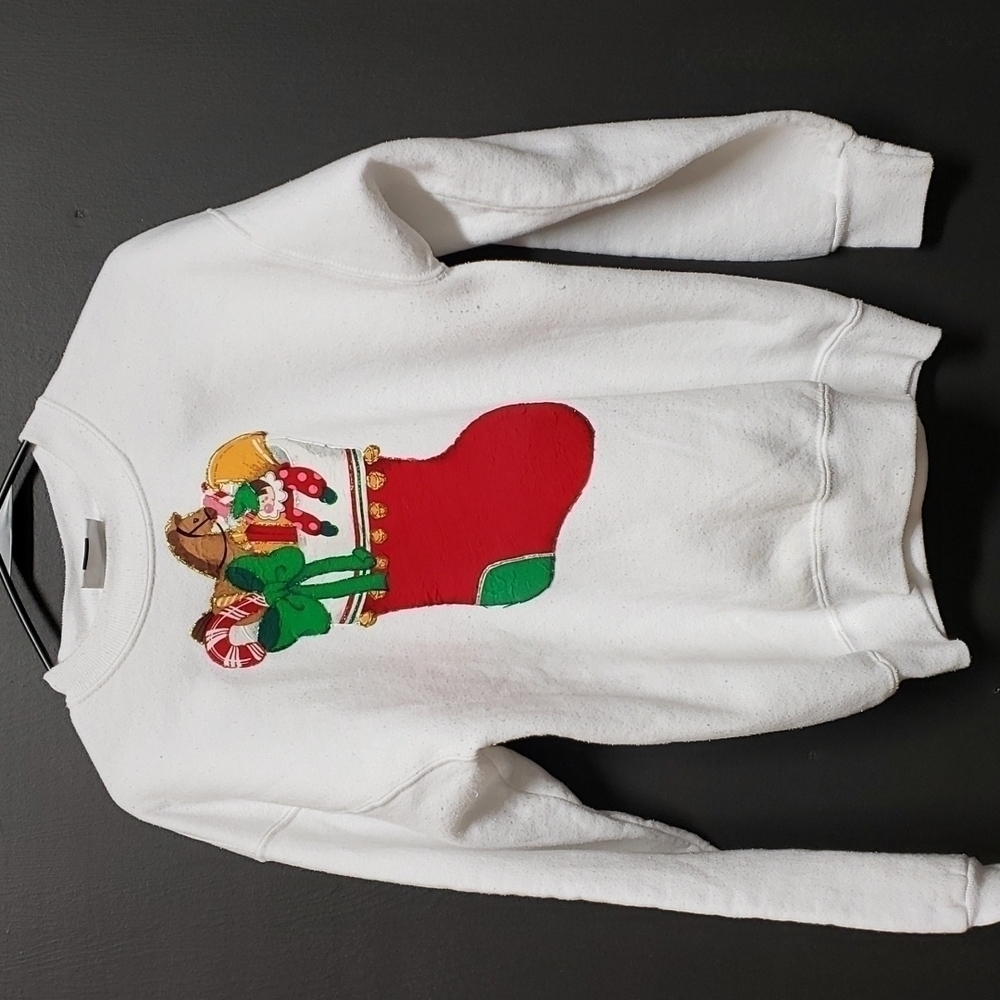 Lee USA Made Christmas Sweatshirt Hand Crafted White L 40 Some Stains See Pics